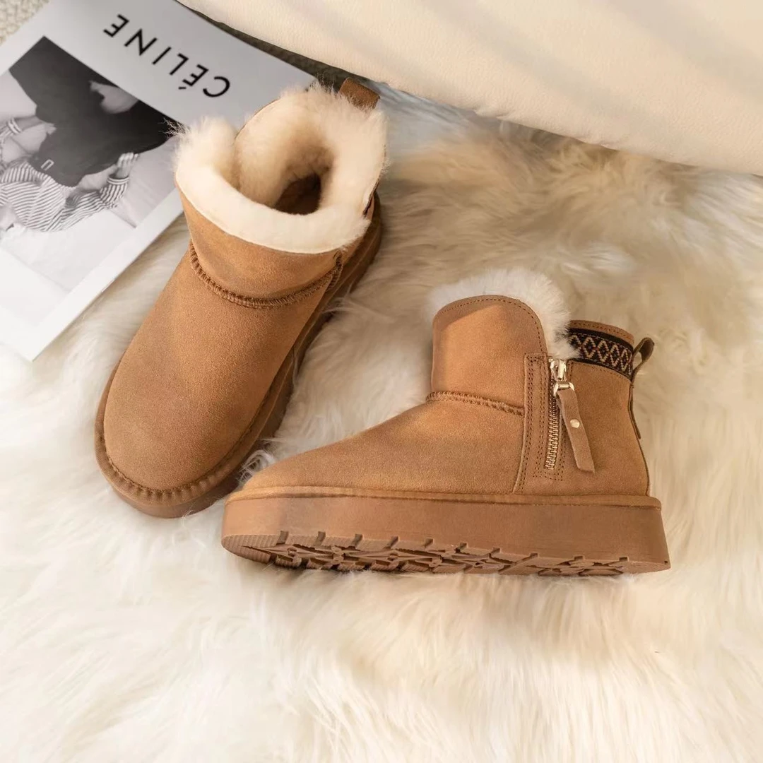 侧拉链厚底增高雪地靴女民族风牛皮羊毛短筒加厚秋冬雪地靴保暖