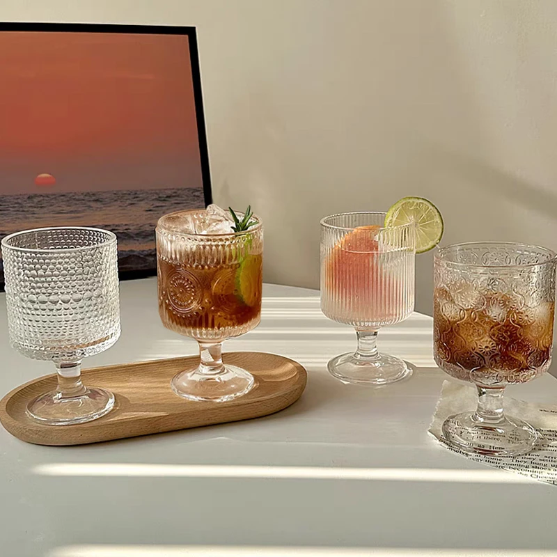 【4只混装】复古加厚混合花纹酒杯玻璃杯果汁杯甜品百货高脚杯