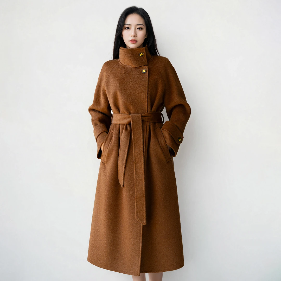 DF5975秋冬新款绵羊毛100%立领长款休闲时尚大衣气质女百搭双面呢