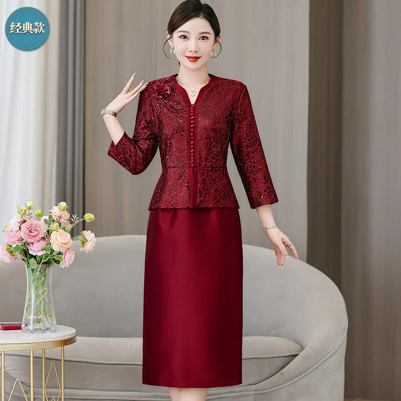 上档次气质奢华连衣裙显瘦高贵高档妈妈喜婆婆装婚宴礼服套装长裙