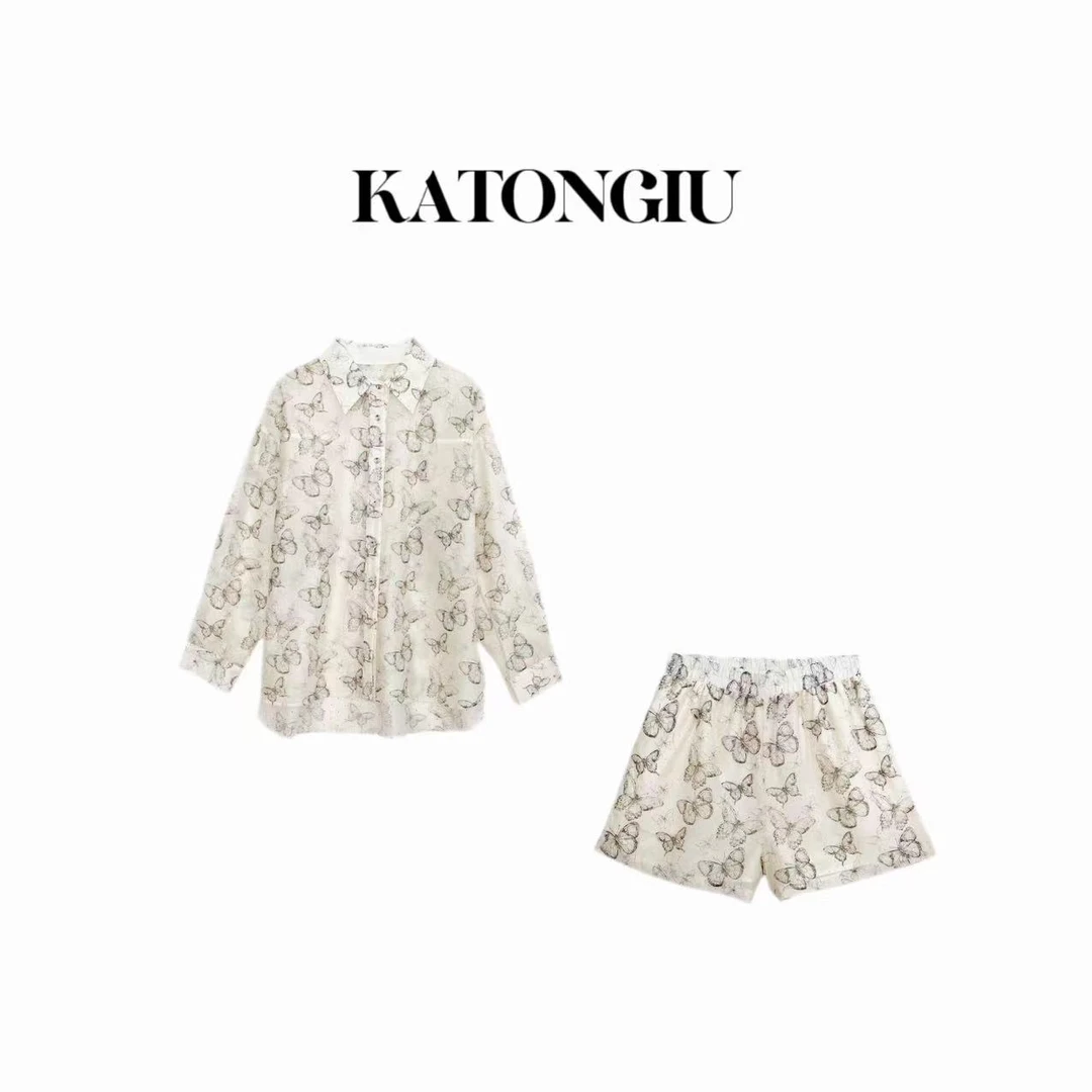 KATONGTU【蝶海】夏季小众印花时尚长袖宽松休闲套装    SF5920YN