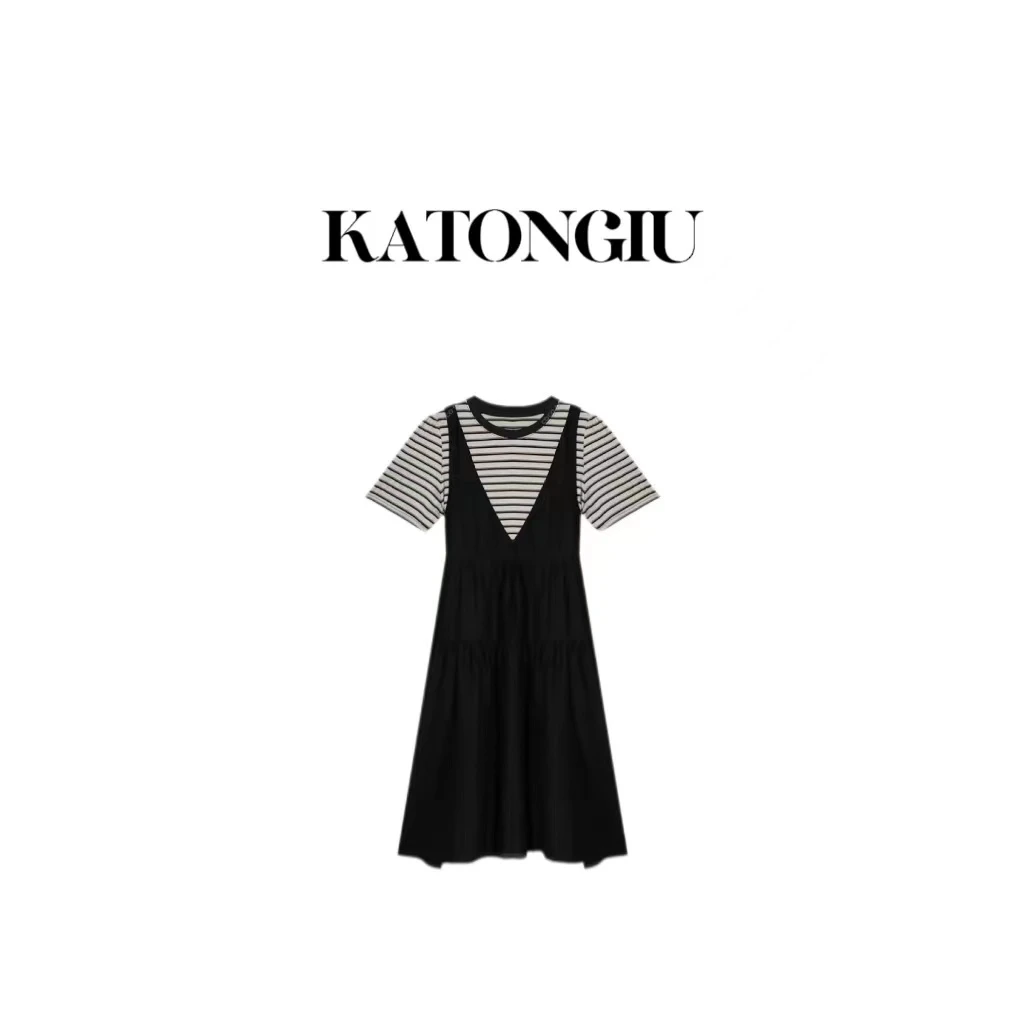 KATONGTU【港岛连衣裙】夏季条纹假两件设计感连衣裙   SF8490YN
