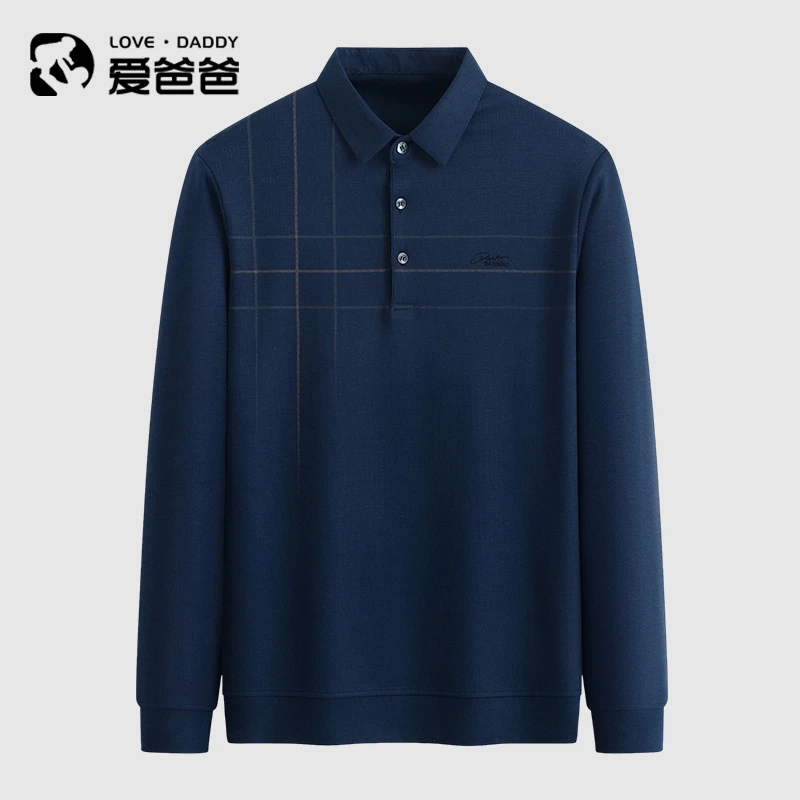 【亲肤透气】简约线条格纹POLO领男士长袖T恤衫春秋中老年爸爸装