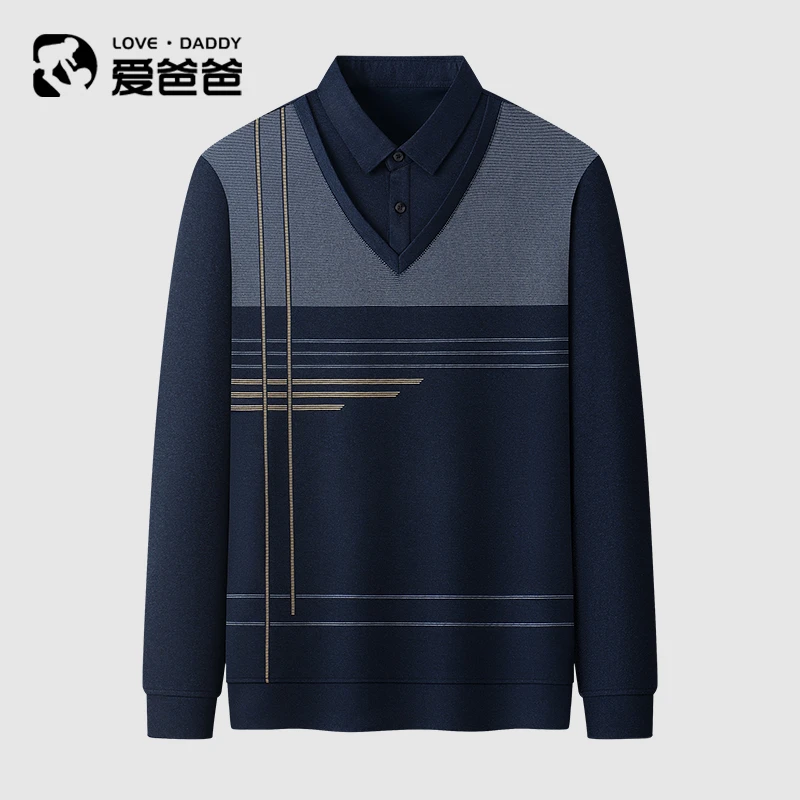 【5A抗菌】中老年男装爸爸秋装上衣不对称格纹假两件打底长袖T恤衫