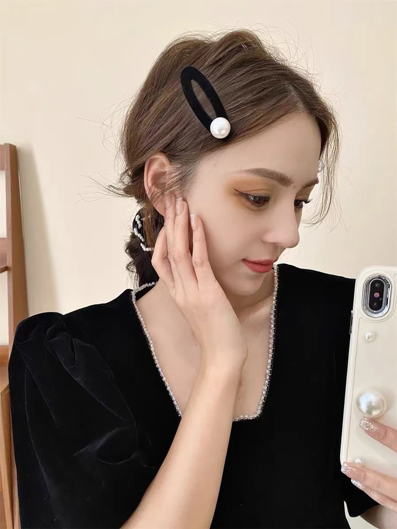 法式复古植绒珠珠掰掰夹侧边发夹后一字夹女