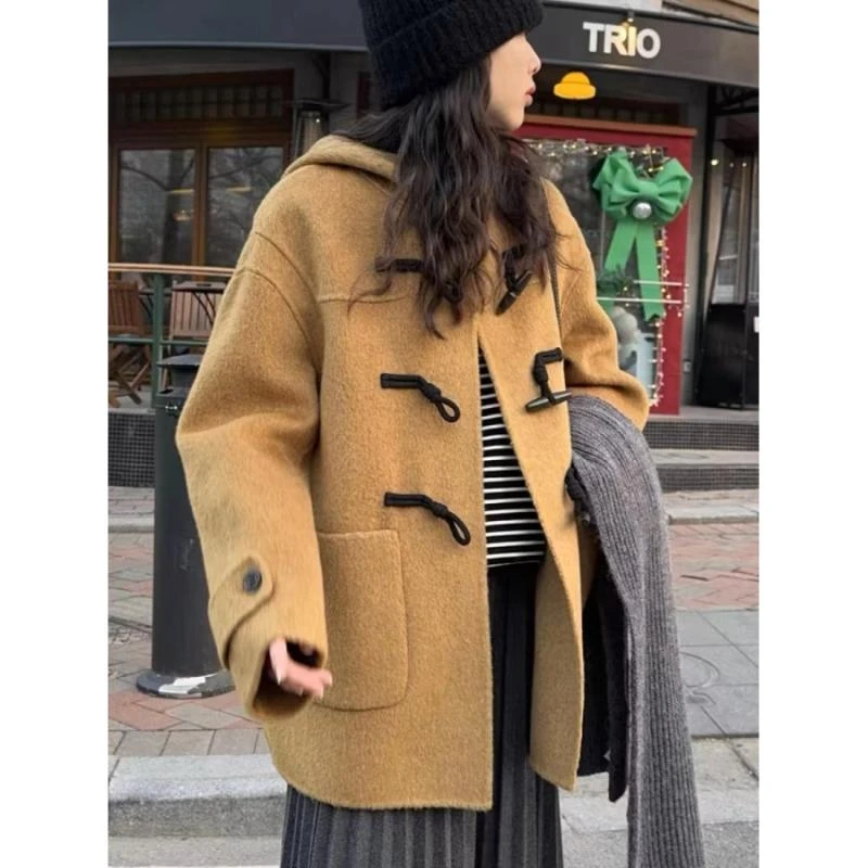 2024新款双面羊毛大衣女短款牛角扣韩版宽松休闲高级绵羊毛呢外套