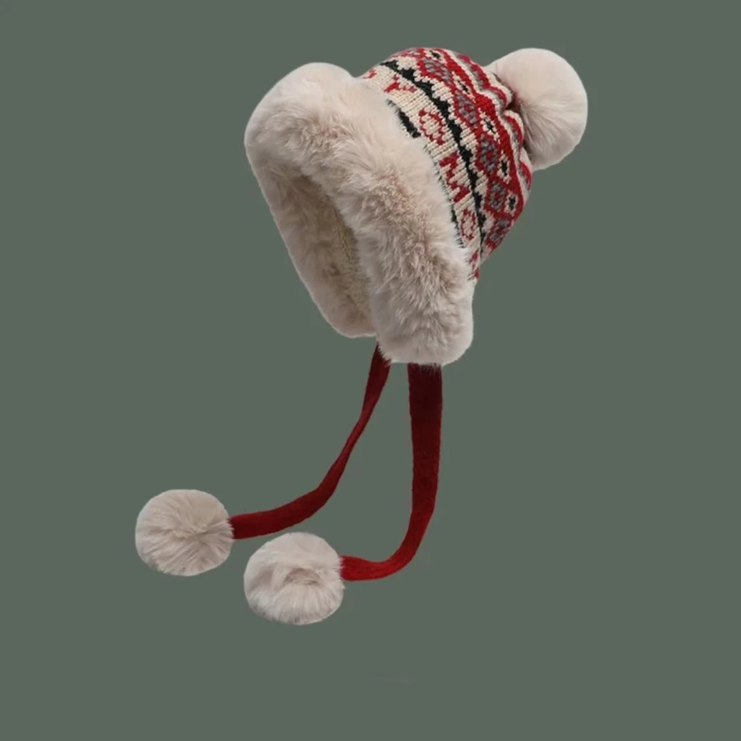 复古民族风毛绒针织帽女冬季保暖加厚防寒甜美护耳毛加绒保暖帽