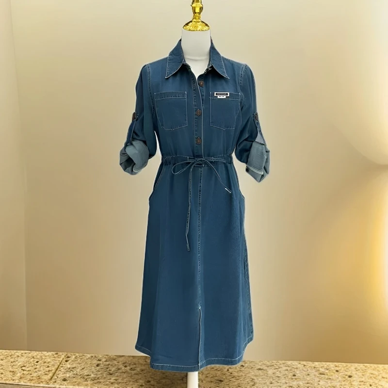 2161街调女装J3L2161连衣裙 气质长袖牛仔蓝色中长款