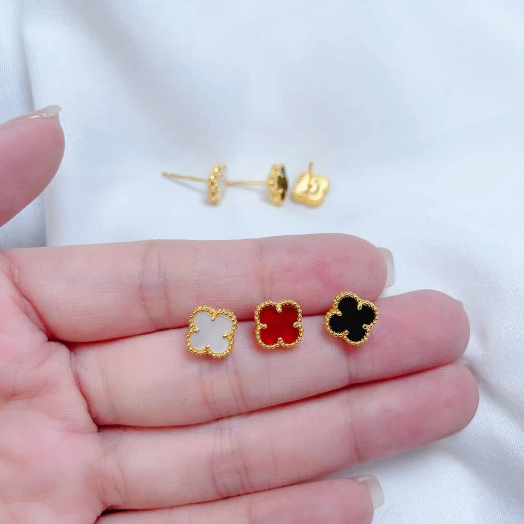 足金999 5G工艺 小号（9mm）四叶草镶嵌直针耳钉 多样性发货一件