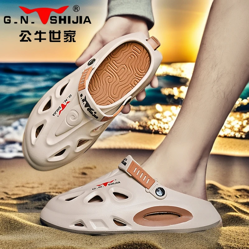 公牛世家男鞋2024户外百搭新款夏季洞洞鞋踩屎感包头休闲沙滩鞋