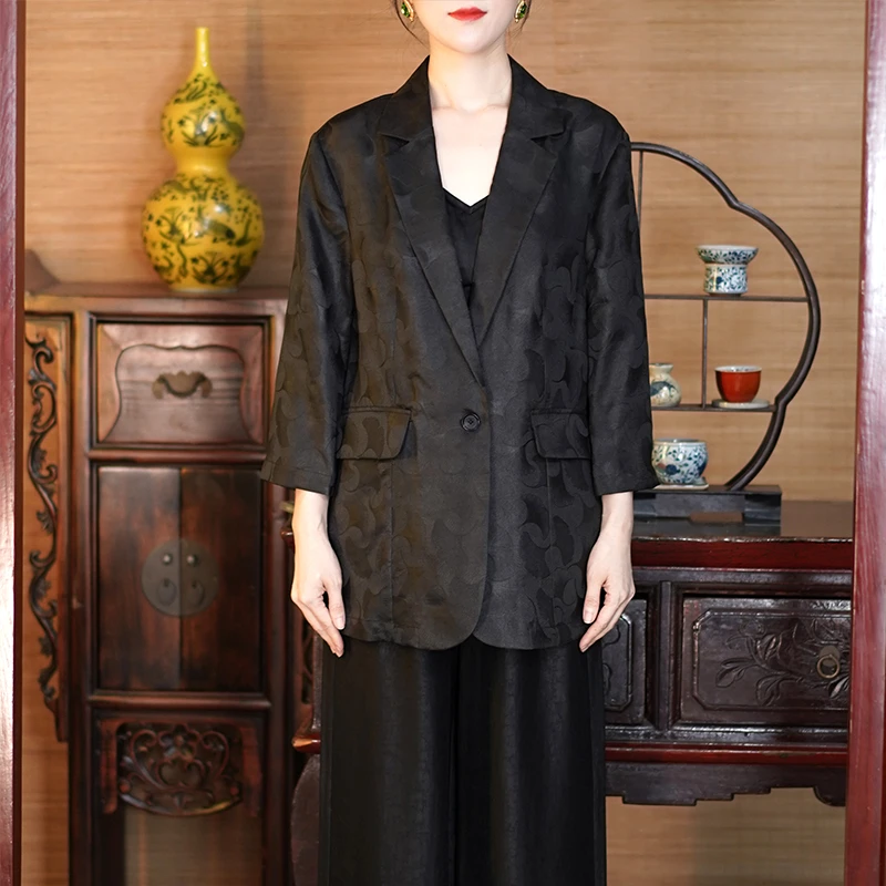 萧娘【潇洒】香云纱复古桑蚕丝新中式西装女短外套气质百搭显瘦281