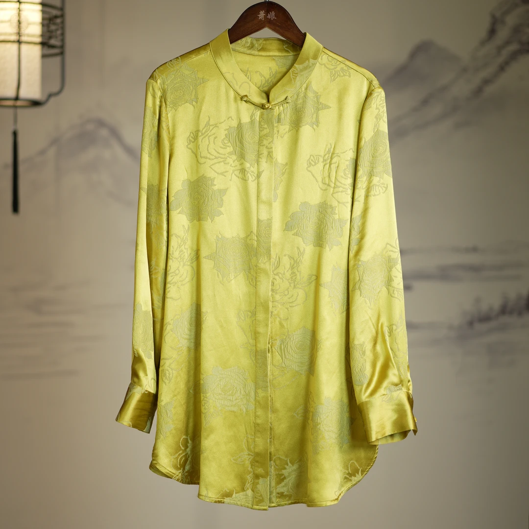 萧娘【璀璨】桑蚕丝衬衫新中式长袖印花黄色宽松复古衬衣中国风599