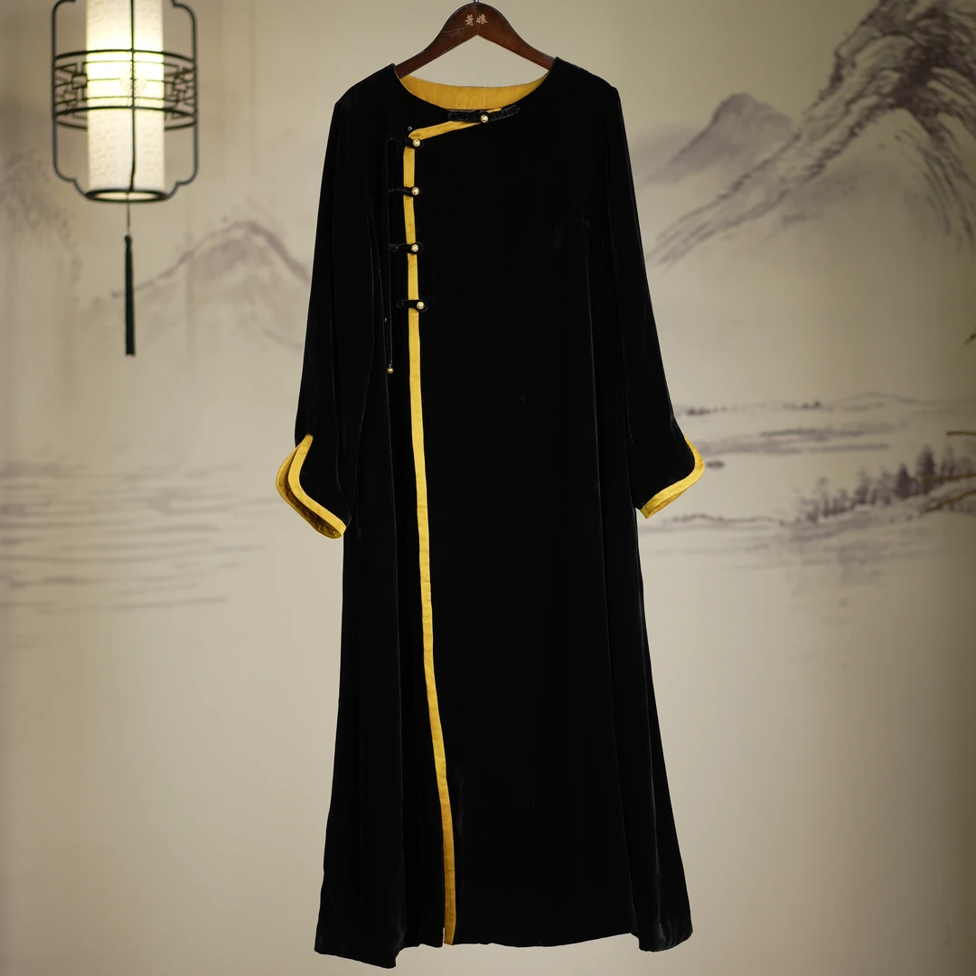 萧娘【良辰】桑蚕丝女装连衣裙新中式黑色长袖复古秋冬中国风606