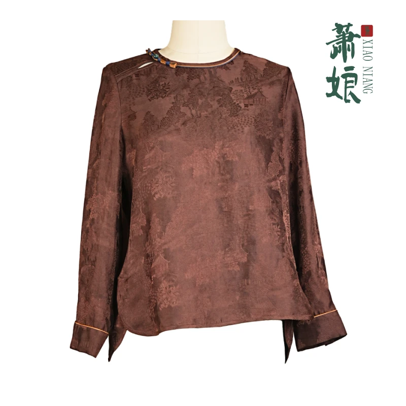 萧娘【织桃】红云纱上衣女新中式宽松复古国风桑蚕丝圆领上衣1614