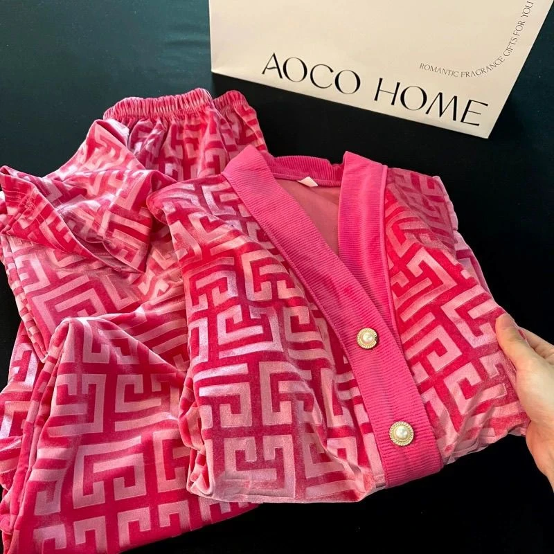 金丝绒睡衣女秋冬季高级感2024新款轻奢粉色春秋金钻绒家居服套装