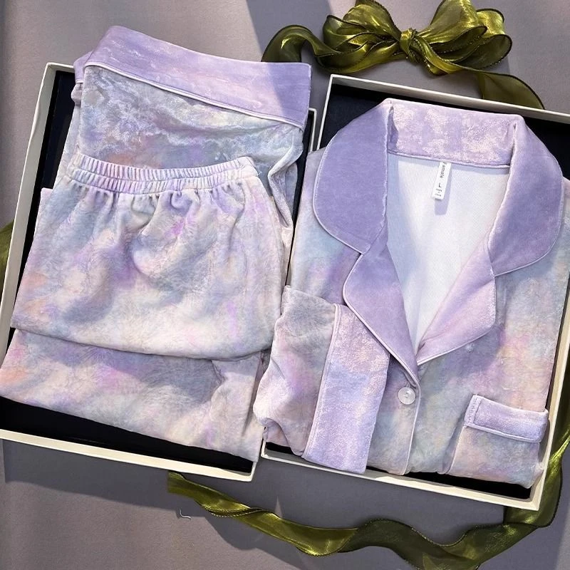 金丝绒秋冬季小翻领紫色新款高级感睡衣女洋气加绒轻奢爆款家居服