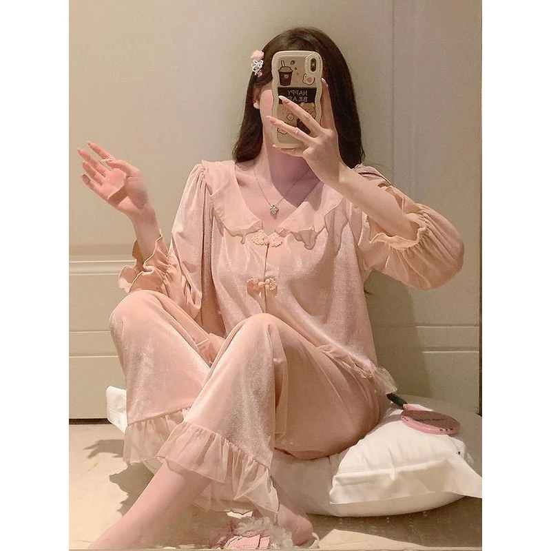 睡衣女春秋季金丝绒复古中国风甜美小个子可爱秋冬薄绒家居服套装