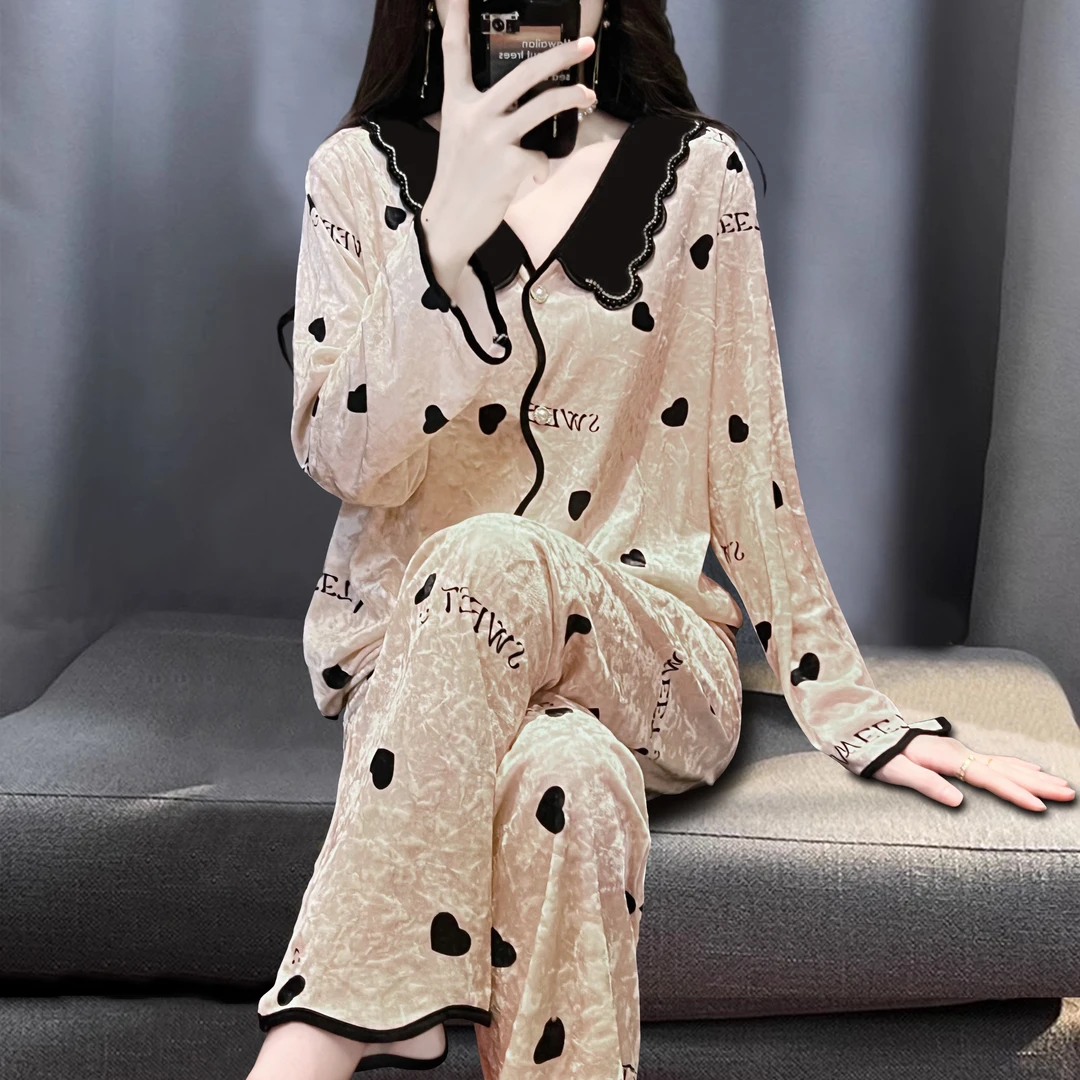 钻石丝绒睡衣女秋冬季长袖家居服套装甜美法式2024新款娃娃领