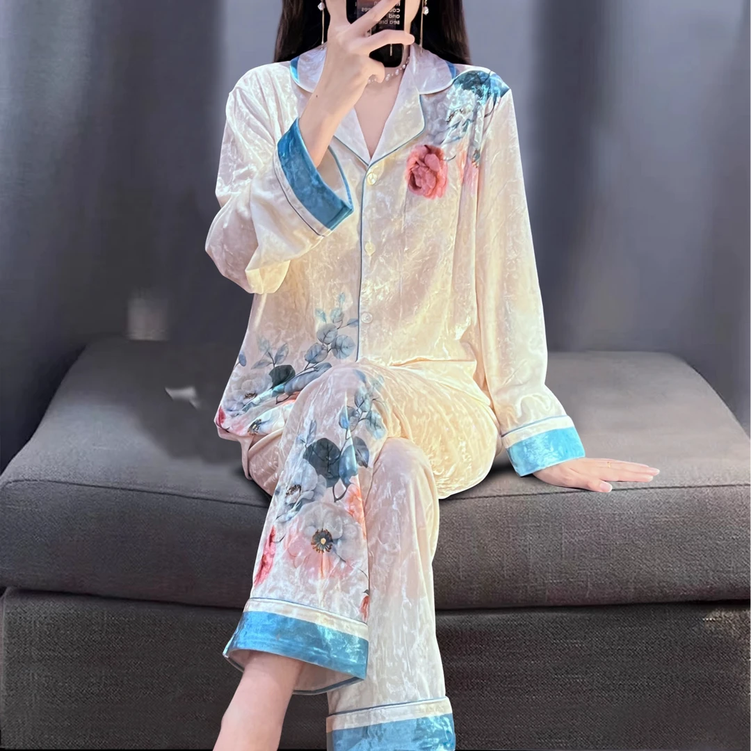 2024年秋冬季金丝绒睡衣女春季轻奢国风外穿高级感长袖家居服套装