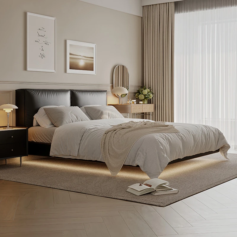 忆留现代简约奶油风大床头层牛皮主卧悬浮白色排骨架豆腐块真皮床