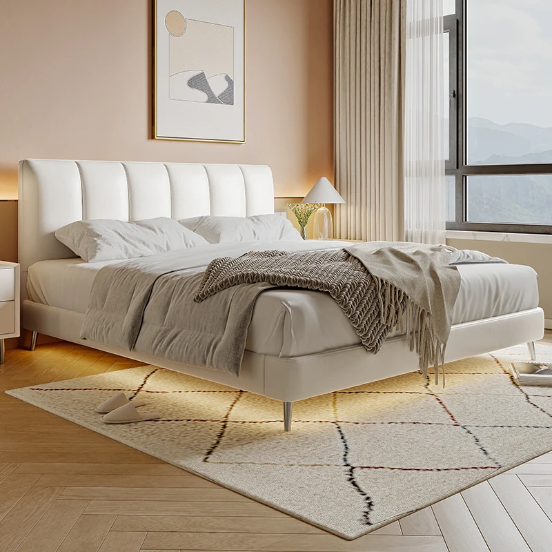 忆留奶油风小户型超薄床头真皮床榉木现代简约软包床极简皮床