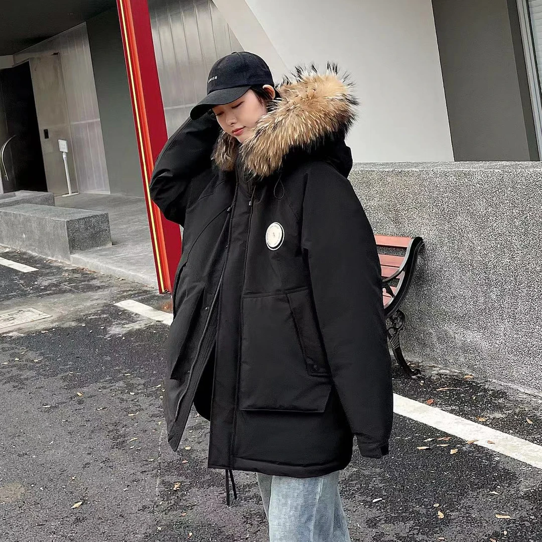 DIDIAOSHEHUA中长款貉子毛领羽绒服潮牌男女加厚防风情侣派克外套