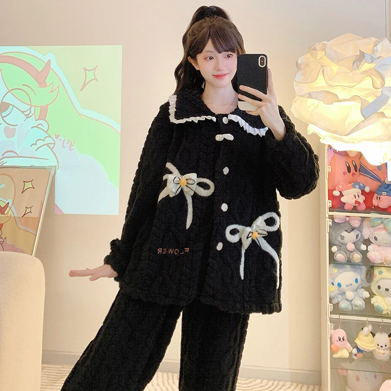 冬季睡衣女生纯色简约加厚保暖加绒宽松大码胖妹妹200斤可穿套装