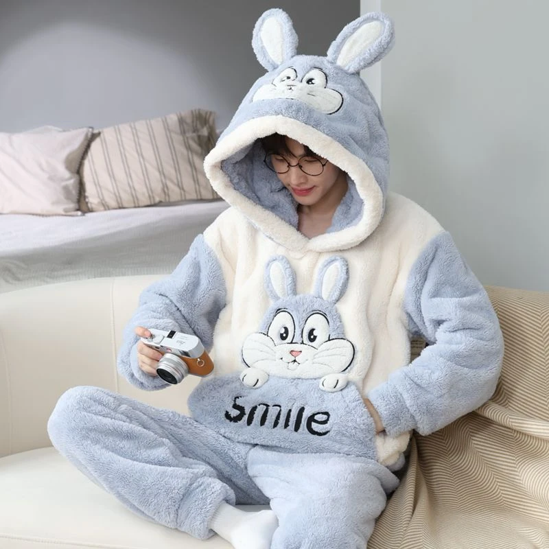 珊瑚睡衣冬季男士秋冬季加厚加绒法兰绒青少年保暖卡通家居服套装