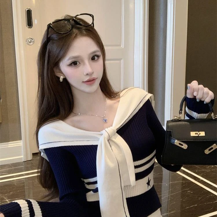 2024海军风套头修身显瘦减龄针织长袖打底针织衫秋冬新款短款百搭