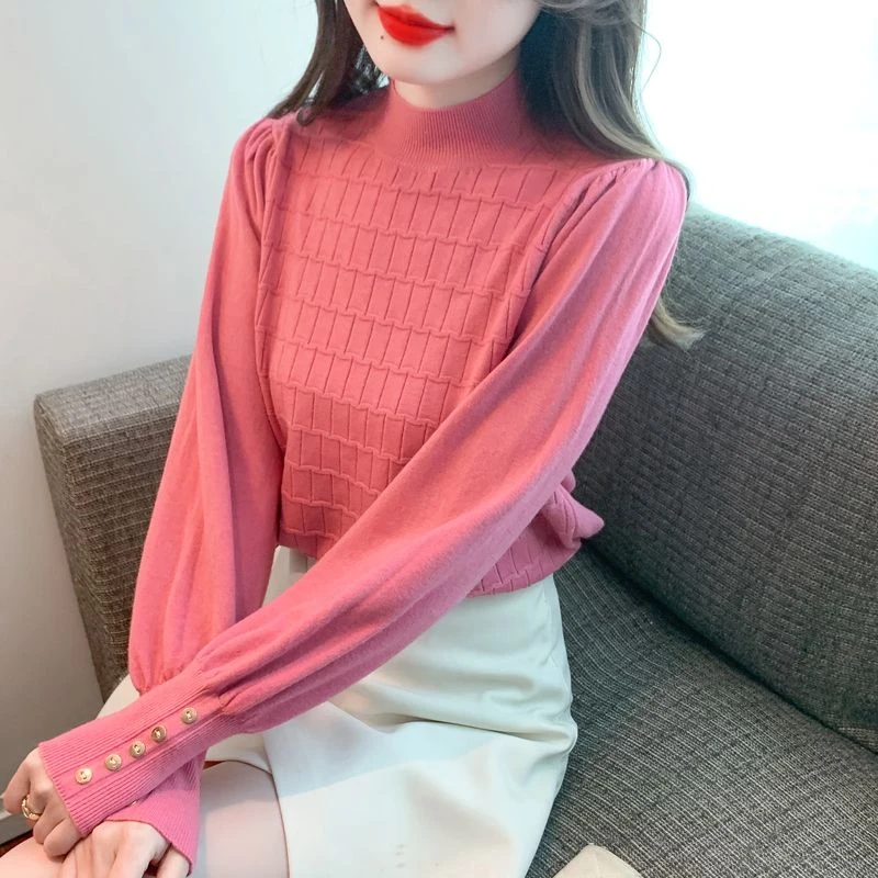 2024新款冬季时尚半高领泡泡袖打底衫女上衣女别致小衫洋气毛衣潮