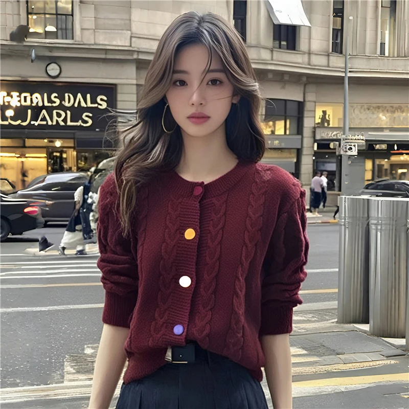 加厚韩系复古绞花圆领彩虹扣毛衣针织开衫设计感长袖上衣