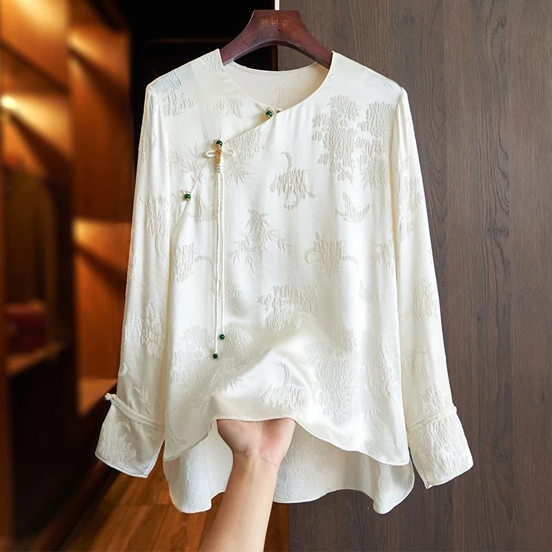 复古斜襟盘扣衬衫女设计感小众设计感新中式上衣甜美小清新衬衣潮