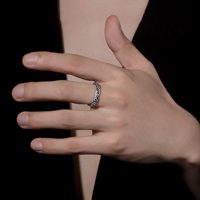 925银戒指 男士复古感潮牌指环开口可调节痞帅食指配饰