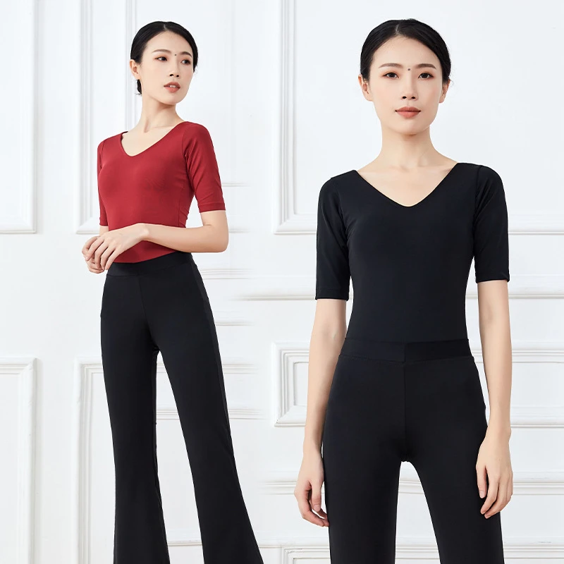 形体训练服装女礼仪培训高端修身优雅V领大喇叭裤舞蹈练功形体服