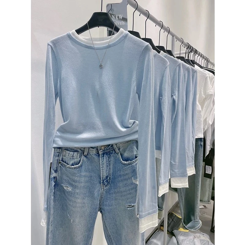 假两件打底衫女长袖2025春季新款ins修身弹力显瘦圆领T恤网红上衣