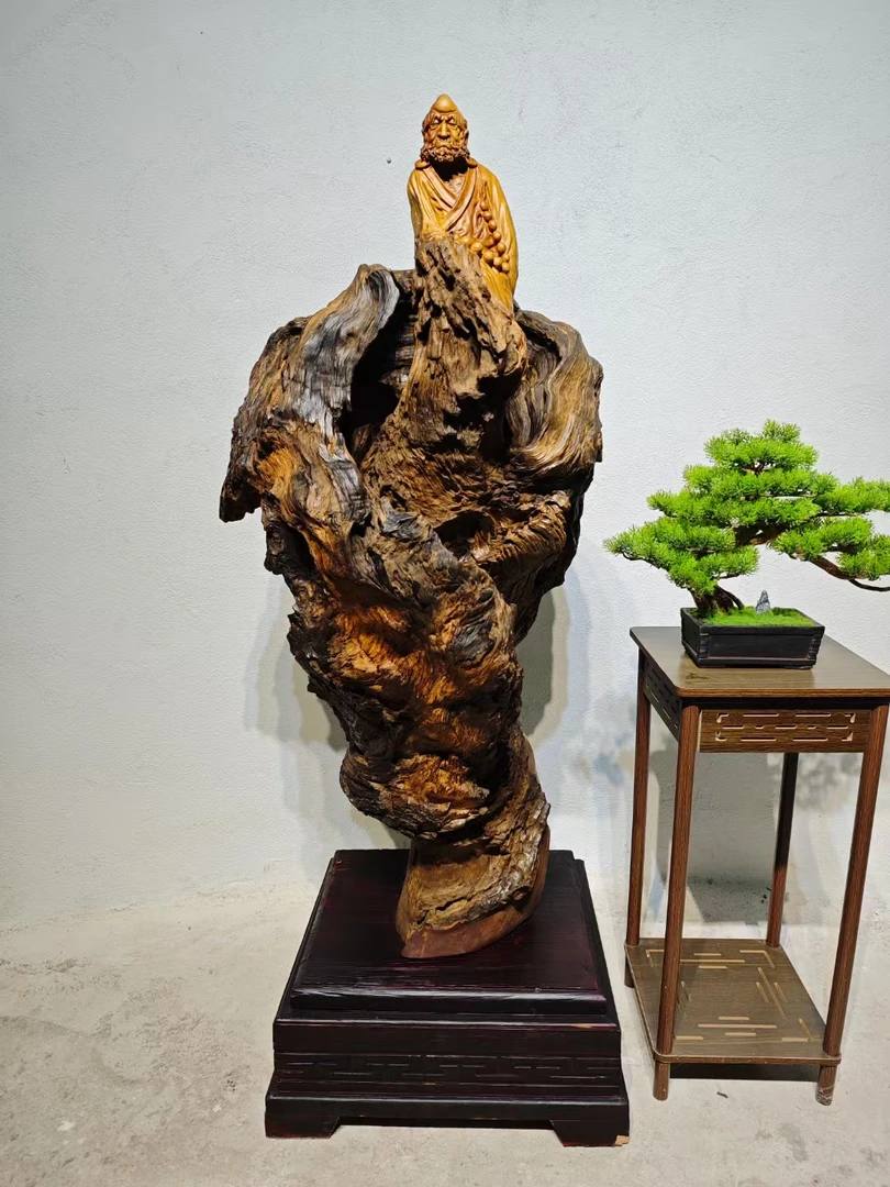 木雕达摩悟禅老香樟树瘤风化料长58宽58总高149cm（底座23送底座)
