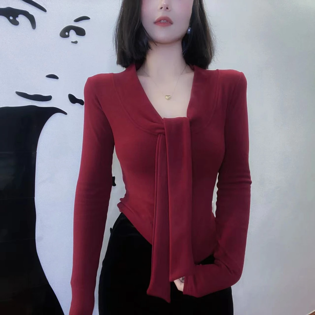 双面绒保暖飘带显瘦T恤上衣1215