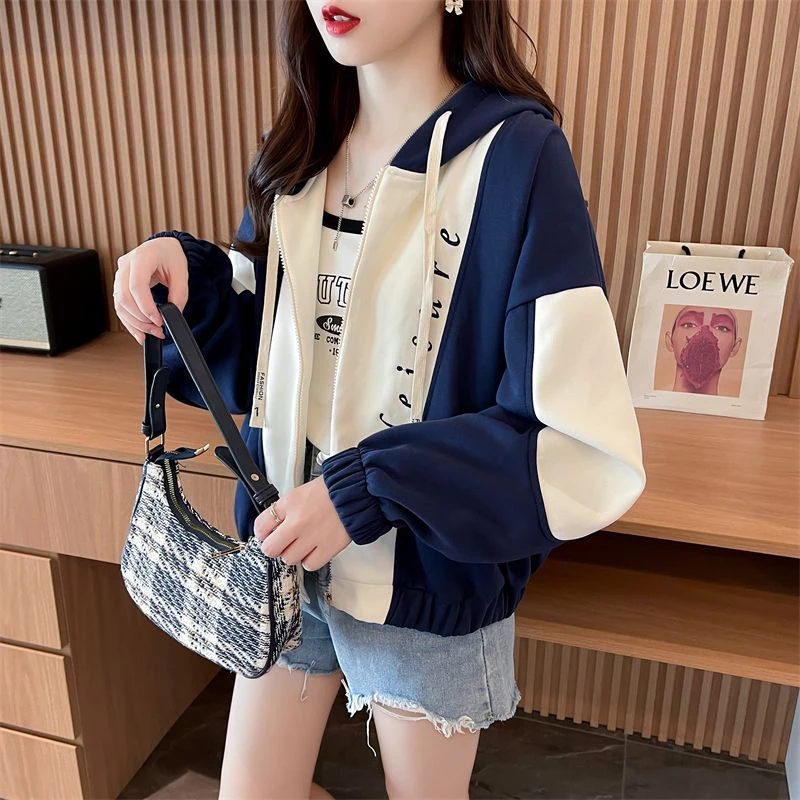 个性设计连帽开衫卫衣女春秋薄款韩版宽松学院风短款撞色外套上衣