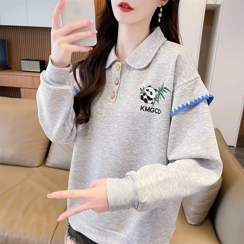 学院风撞色polo领刺绣薄款卫衣女春秋新款韩版宽松减龄百搭上衣潮