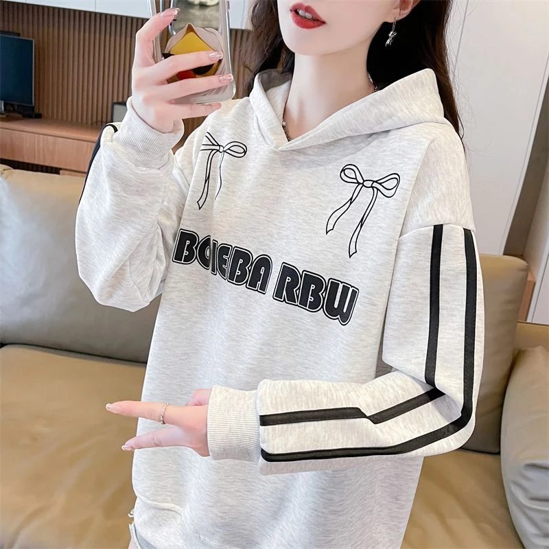 学院风连帽薄款长袖卫衣女春秋薄款韩版宽松百搭显瘦印花上衣ins