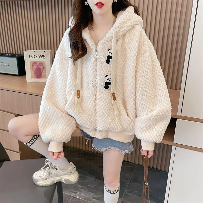 小众羊羔绒连帽卫衣女秋冬季韩版宽松加绒加厚小个子保暖开衫外套