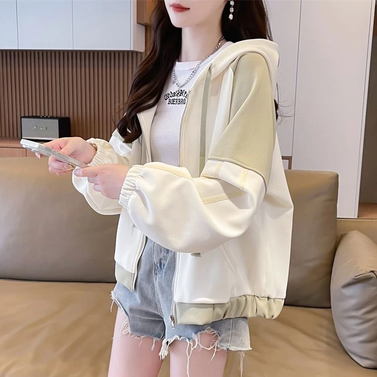学院风撞色连帽开衫薄款/加绒卫衣女春秋冬韩版宽松百搭上衣外套