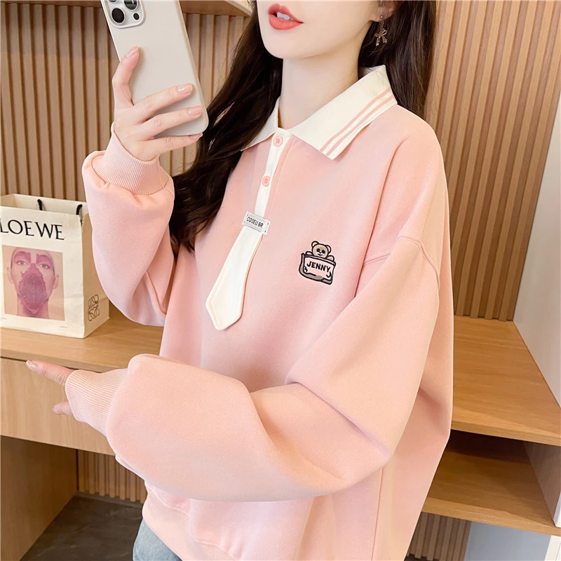 学院风翻领polo衫薄款/加绒卫衣女韩版宽松春秋冬新款百搭上衣ins