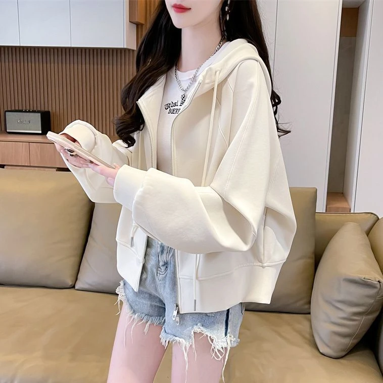简约纯色连帽薄款开衫卫衣女韩版宽松春秋新款小个子百搭外套上衣
