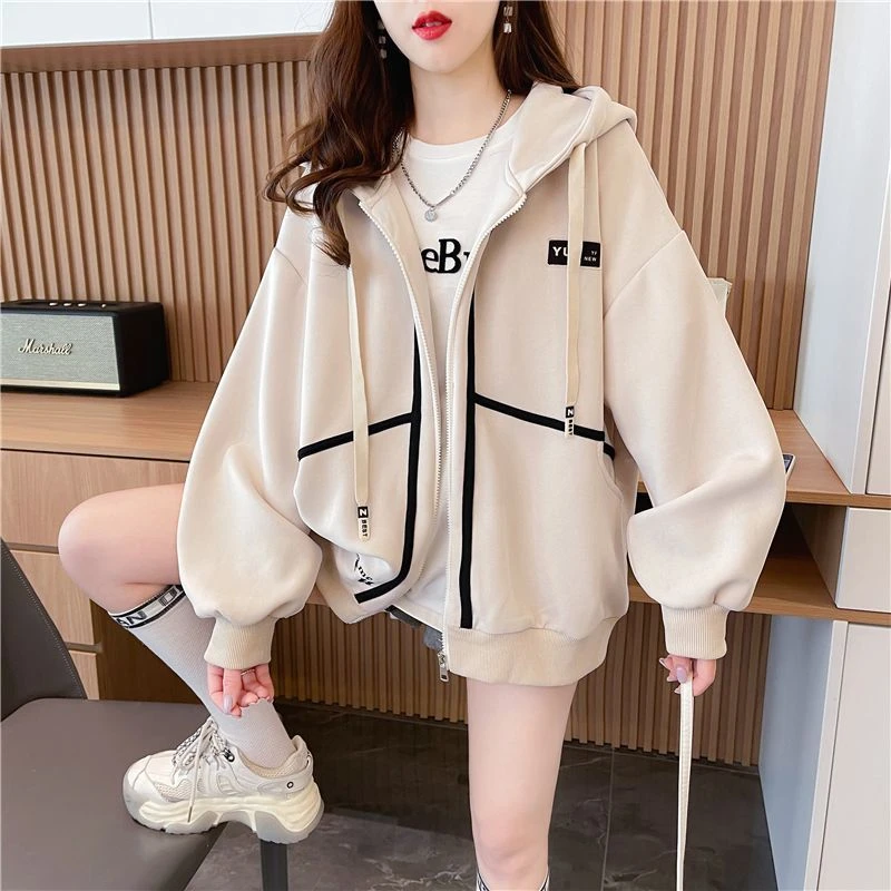 学院风设计感连帽开衫薄款/加绒卫衣女春秋冬季韩版宽松上衣外套