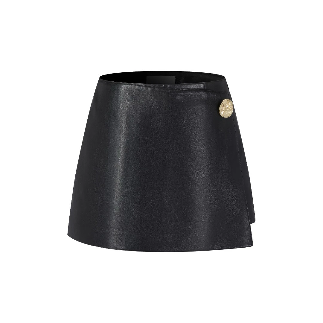 【Three Quarters】24AW  黑色微A版解构式皮质裙裤