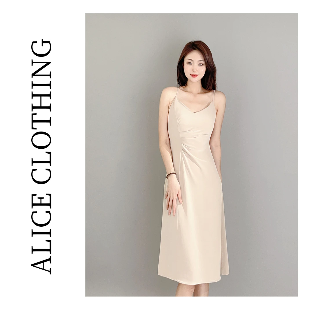 1【ALICE “香槟宴”醋酸连衣裙】显瘦褶皱 清爽吊带 S2137703W