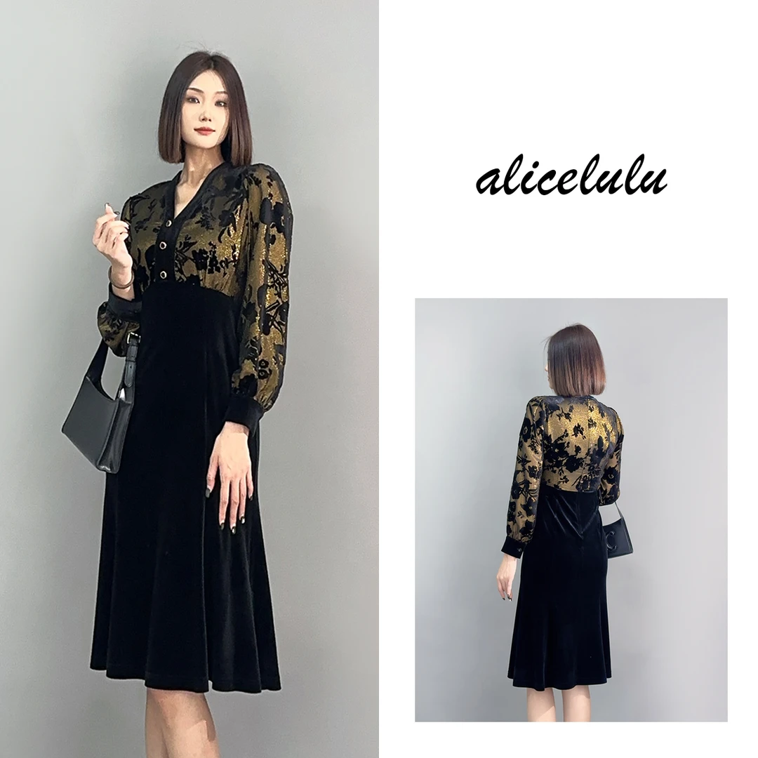 1 ALICE 金枝玉叶连衣裙 闪耀光泽 丝绒拼接 S2141428A