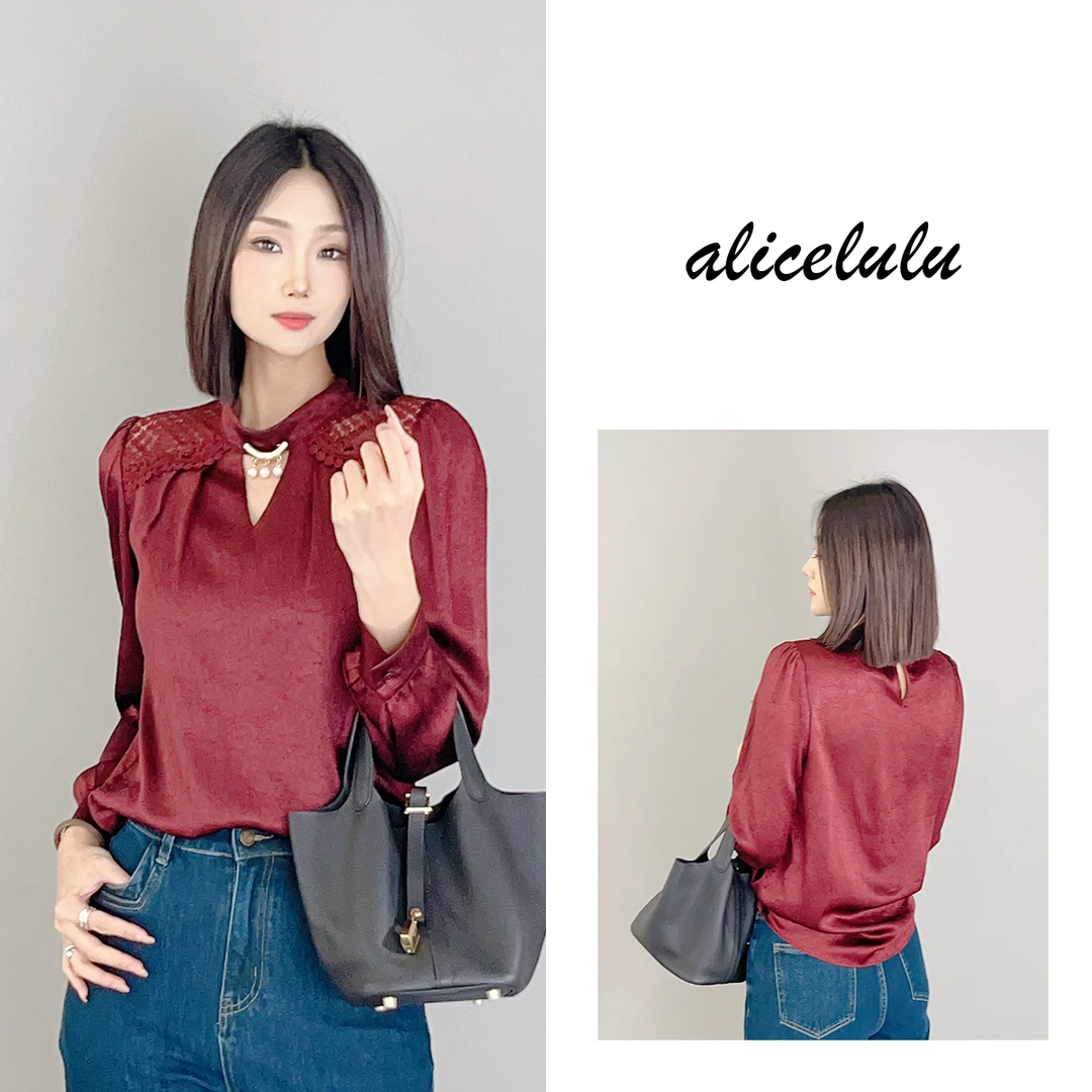 2 ALICE “情深枣红”衬衫 小心机 蕾丝刺绣 S1034255Q