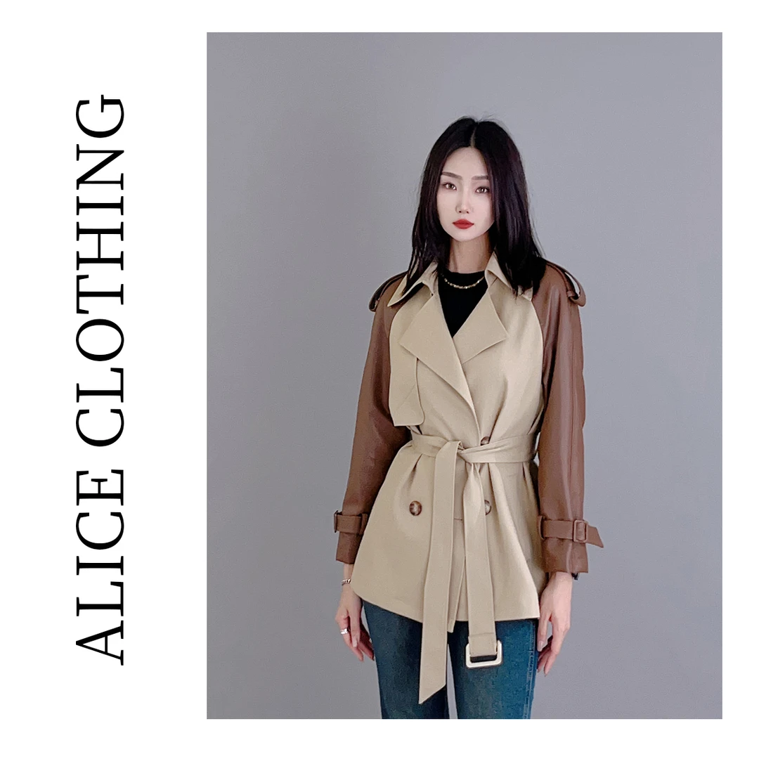 2【ALICE “英伦秀场”风衣外套】皮袖拼接 率性腰带 S2133816A